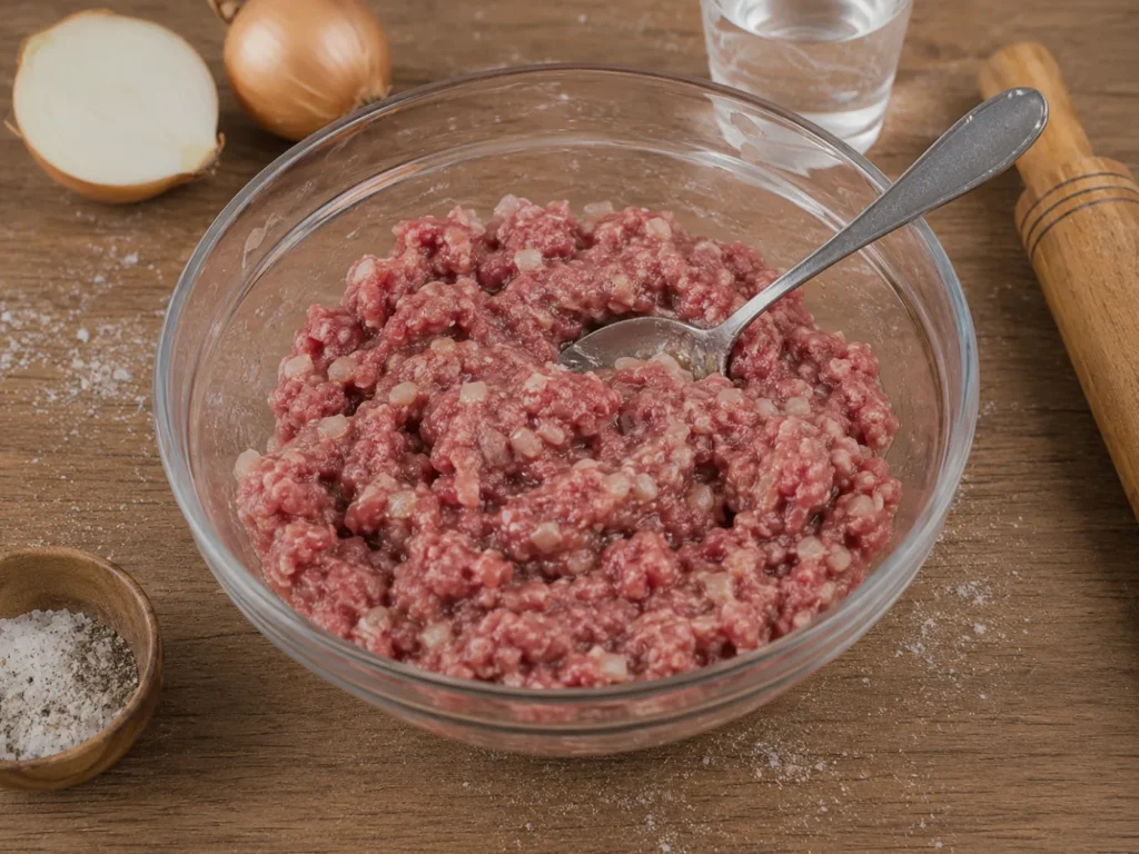 Фарш для домашних пельменей с луком, солью и перцем, подготовленный для лепки
