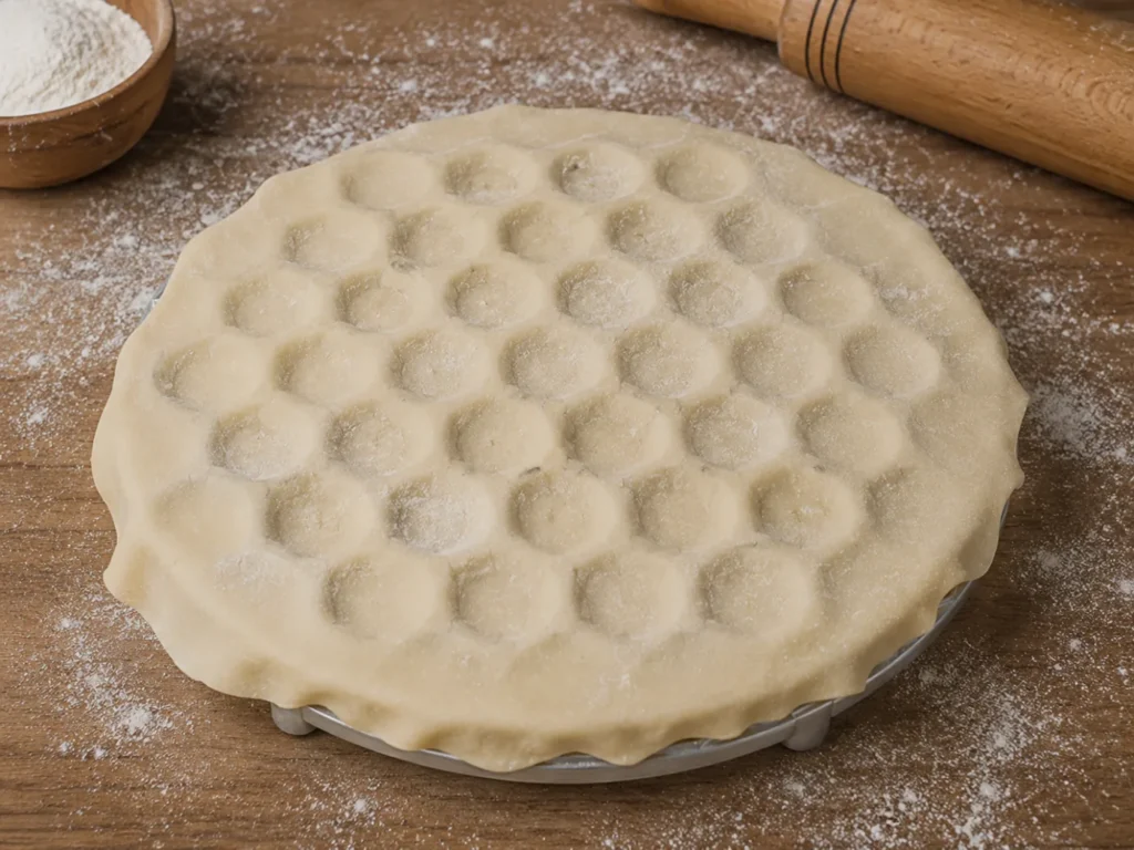 Раскатанный пласт теста, уложенный на пельменную доску для приготовления домашних пельменей