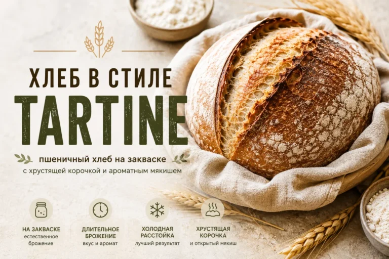 Хлеб в стиле Tartine на закваске с хрустящей корочкой и открытым мякишем