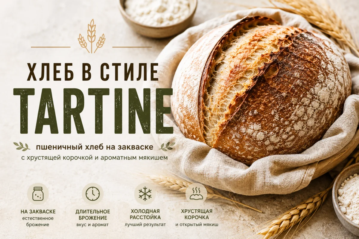 Хлеб в стиле Tartine на закваске с хрустящей корочкой и открытым мякишем