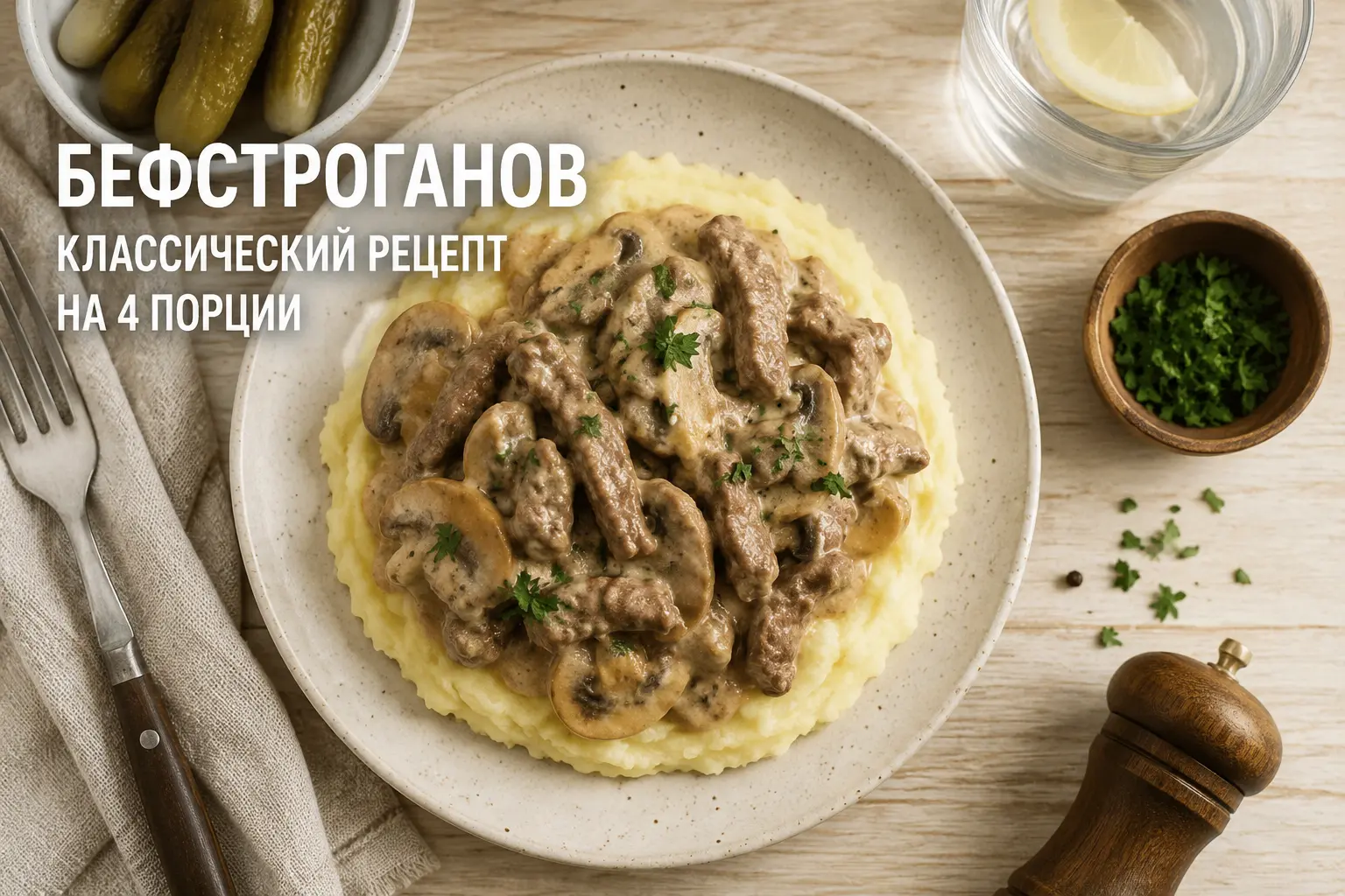 Бефстроганов с грибами в сливочном соусе и картофельным пюре